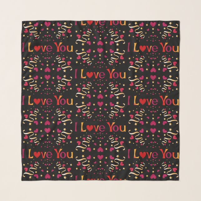 I LOVE YOU Red Heart Gold Ribbon Valentine Black Scarf (Front)