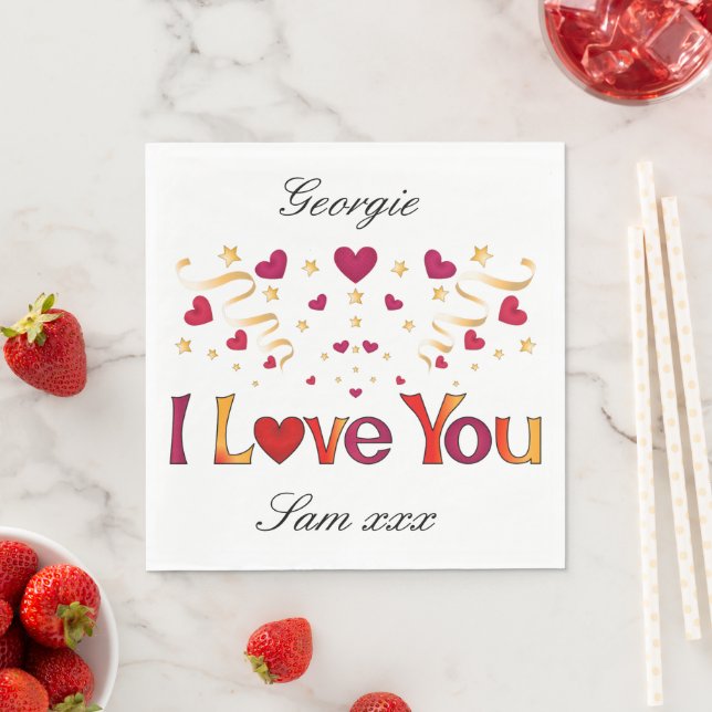 I LOVE YOU Red Heart Gold Ribbon Valentine Wedding Napkins (Insitu)