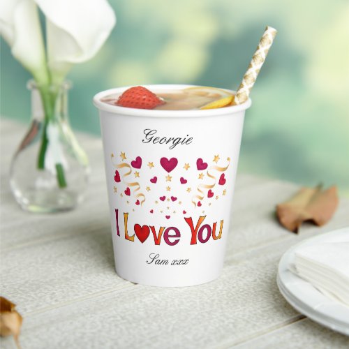 I LOVE YOU Red Heart Gold Ribbon Valentine Wedding Paper Cups