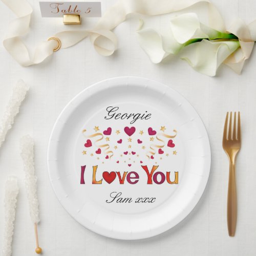 I LOVE YOU Red Heart Gold Ribbon Valentine Wedding Paper Plates