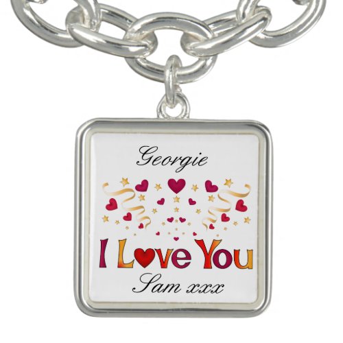 I LOVE YOU Red Heart Gold Ribbon Vintage Valentine Bracelet