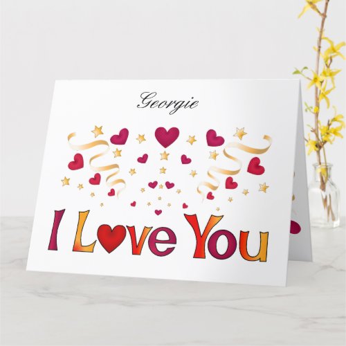I LOVE YOU Red Heart Gold Ribbon Vintage Valentine Card