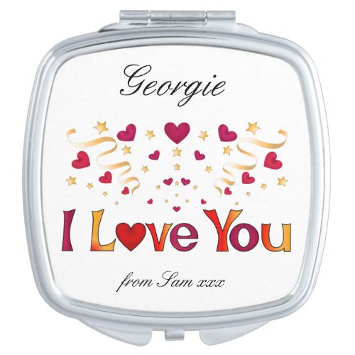 I LOVE YOU Red Heart Gold Ribbon Vintage Valentine Compact Mirror