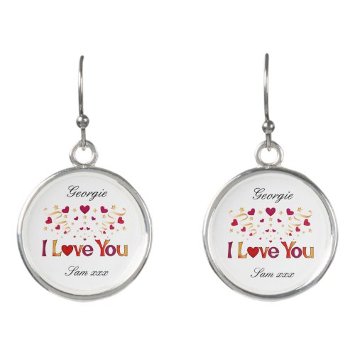 I LOVE YOU Red Heart Gold Ribbon Vintage Valentine Earrings