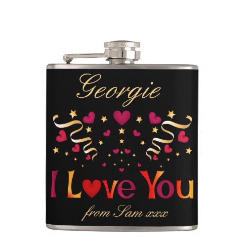 I LOVE YOU Red Heart Gold Ribbon Vintage Valentine Flask