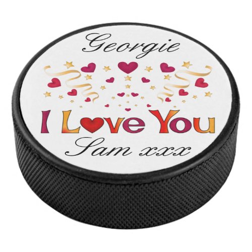 I LOVE YOU Red Heart Gold Ribbon Vintage Valentine Hockey Puck