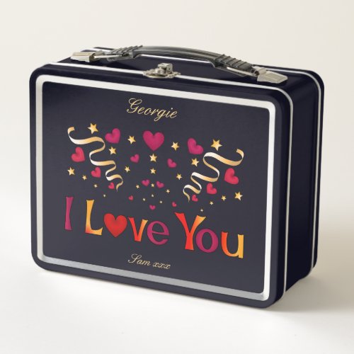 I LOVE YOU Red Heart Gold Ribbon Vintage Valentine Metal Lunch Box