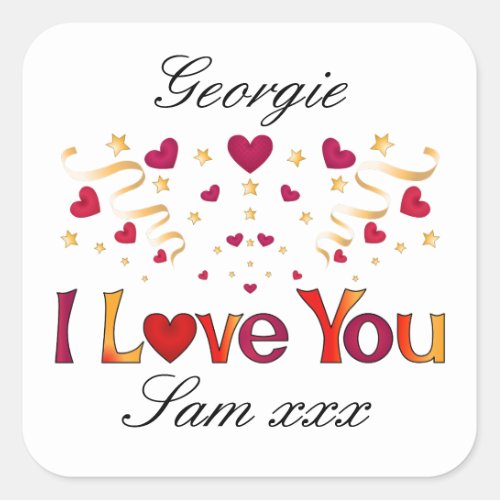 I LOVE YOU Red Heart Gold Ribbon Vintage Valentine Square Sticker