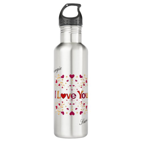 I LOVE YOU Red Heart Gold Ribbon Vintage Valentine Stainless Steel Water Bottle