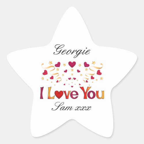 I LOVE YOU Red Heart Gold Ribbon Vintage Valentine Star Sticker