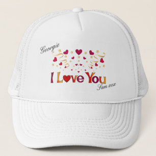 I LOVE YOU Red Heart Gold Ribbon Vintage Valentine Trucker Hat