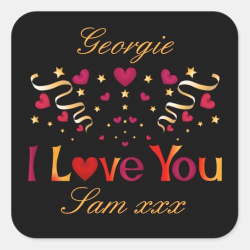 I LOVE YOU Red Heart Gold Vintage Valentine Black Square Sticker