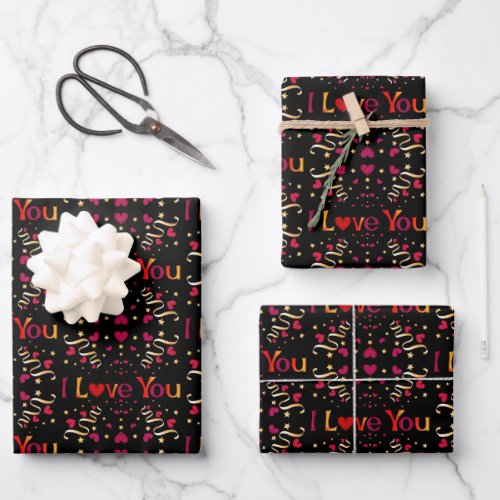 I LOVE YOU Red Heart Gold Vintage Valentine Black Wrapping Paper Sheets