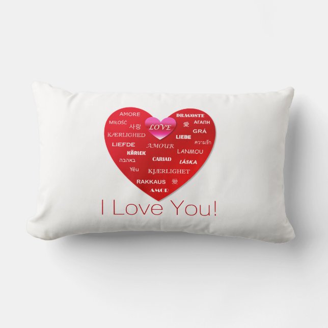 I Love You | Red Heart with Many Words of Love Lumbar Pillow (Front)