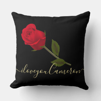 i love you Red Rose On Black And Gold Monogramed T Throw Pillow