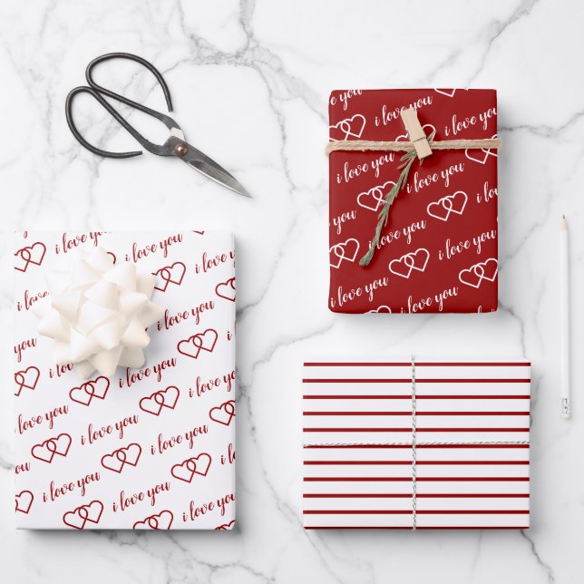 I Love You Romantic Valentine Red Hearts Stripes Wrapping Paper Sheets (Front)