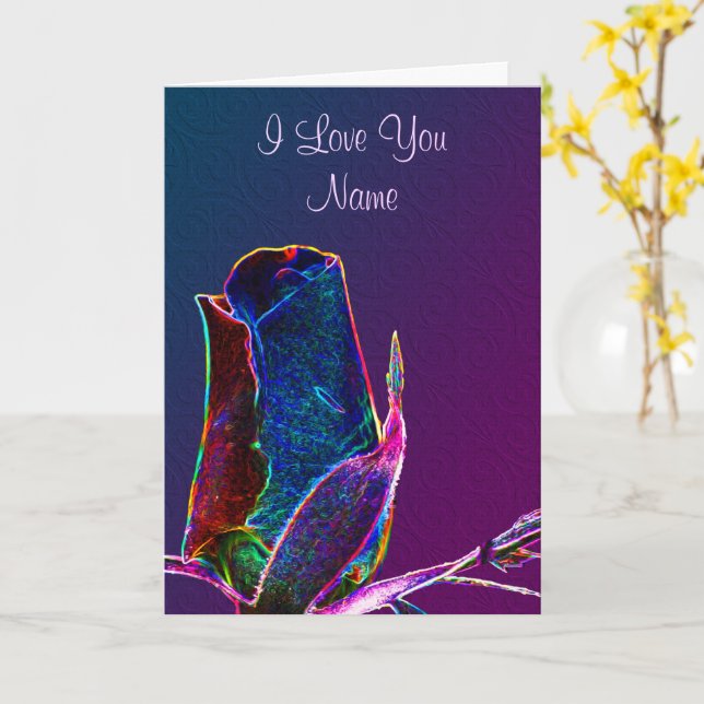 I Love You Rosebud Flower Personalized  Card (Yellow Flower)