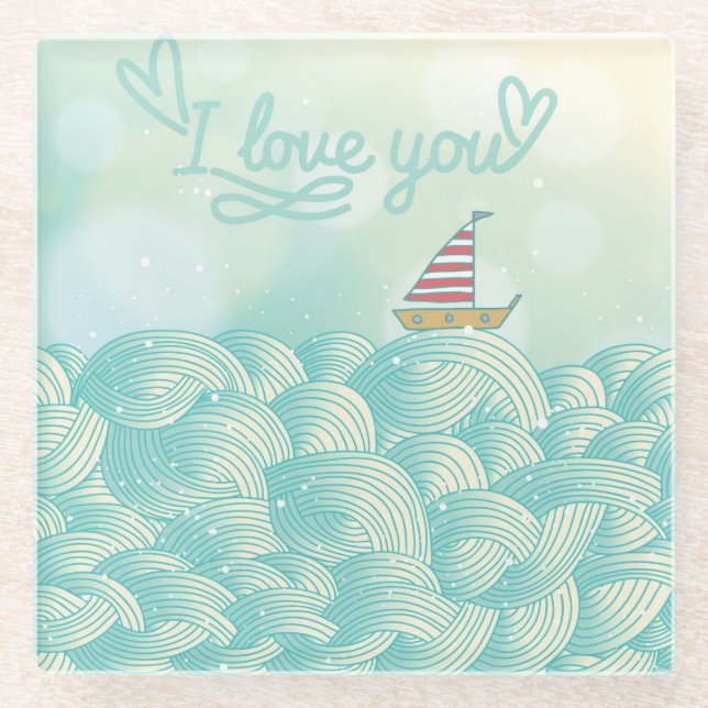 I Love You Sailboat Glass Coaster (Front)
