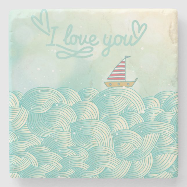 I Love You Sailboat Stone Coaster (Front)
