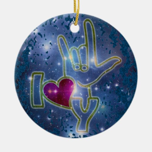 I LOVE YOU  sign language  dark blue splatter Ceramic Ornament