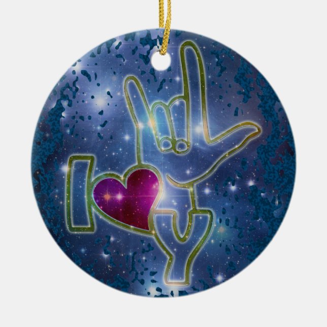 I LOVE YOU / sign language | dark blue splatter Ceramic Ornament (Front)