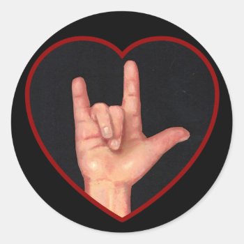 I Love You Sign Language On Black Classic Round Sticker by joyart at Zazzle