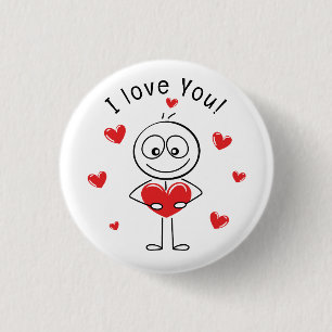 I Love You Stick Figure Cute Hearts Button