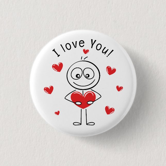 I Love You Stick Figure Cute Hearts Button (Front)