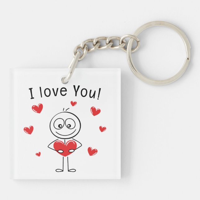 I Love You Stick Figure Cute Hearts Keychain (Back)
