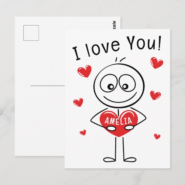 I Love You Stick Figure Cute Hearts Name Postcard (Front/Back)