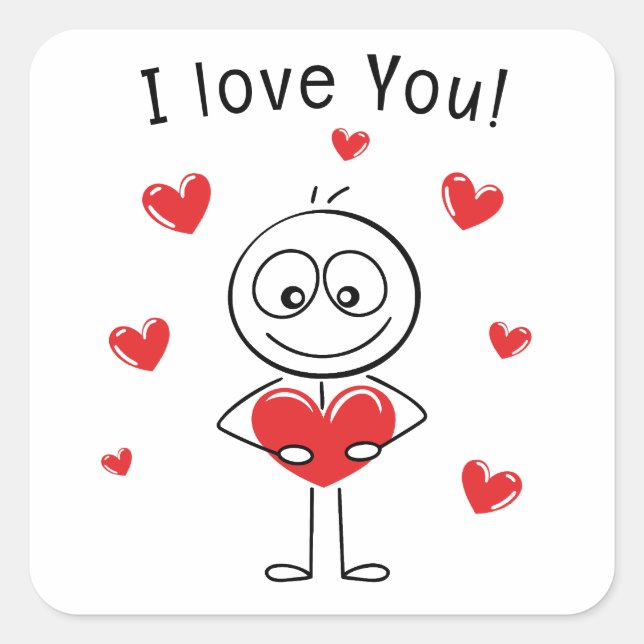 I Love You Stick Figure Cute Hearts Square Sticker (Front)