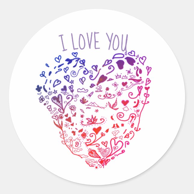 I Love You Sticker, Heart ,Valentine, Purple Pink Classic Round Sticker (Front)