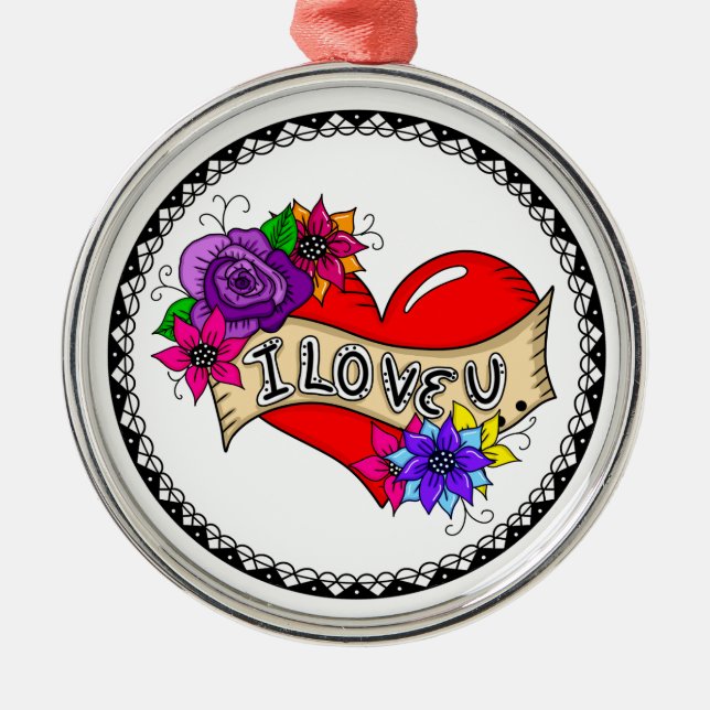 I Love You | Tattoo Heart Art Personalized   Metal Ornament (Front)