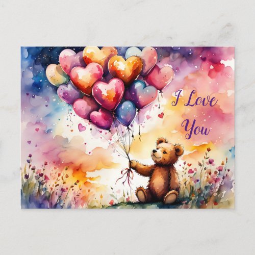 I Love You Teddy bear with Heart shaped balloons Postcard
