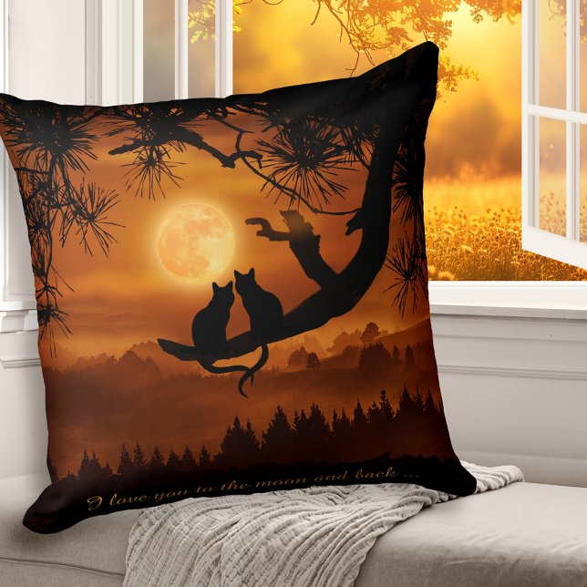 I love you to the Moon and Back Cats Pillow (Pillow featuring two cats on a tree branch looking at the moon in a romantic landscape)