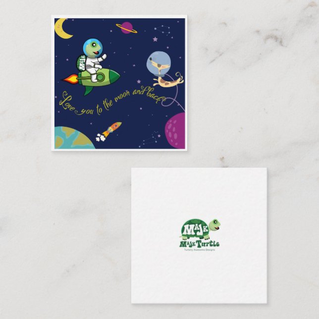 "I love you to the moon and Back" Turtle in space Note Card (Front/Back)