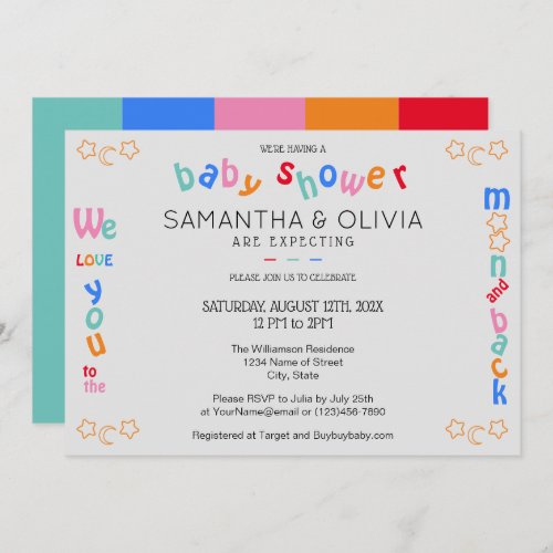 I love you to the moon  back LGBTQ Baby Shower I Invitation