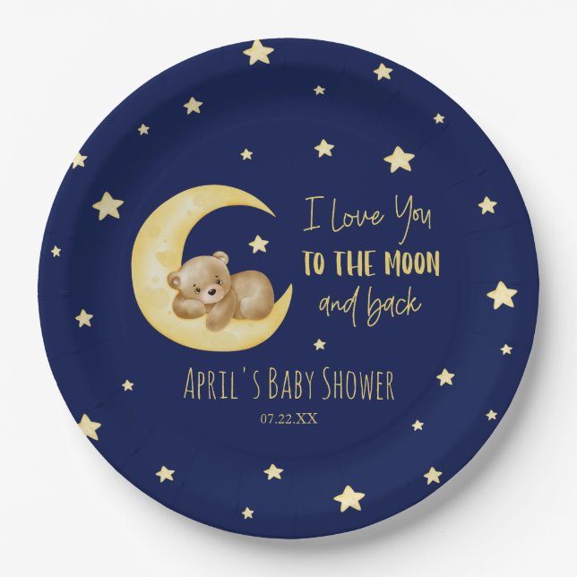 I Love You To The Moon Teddy Bear Baby Shower Paper Plates (Front)