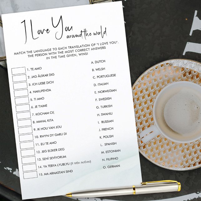 I Love You Translation Game Soft Green Wash (15 different ways to say "I love you" for your guests to try and match with the right language.)