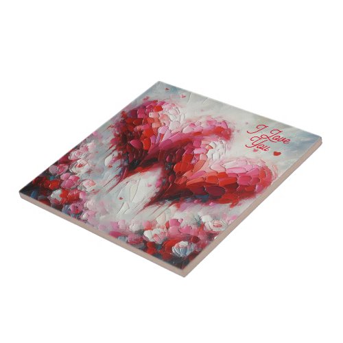 I Love You Two Abstract Hearts Painting Valentine Ceramic Tile