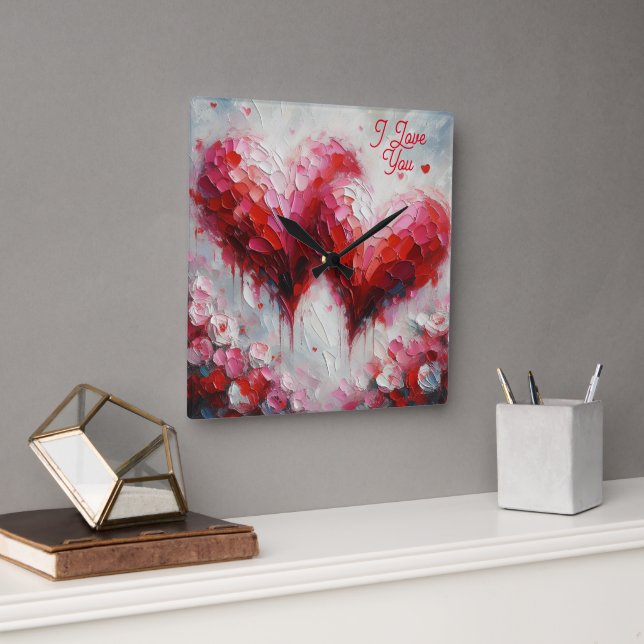 I Love You Two Abstract Hearts Painting Valentine Square Wall Clock (Office)
