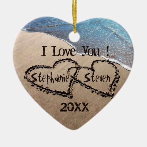 I Love You Two Hearts In Sand Holiday Ornament