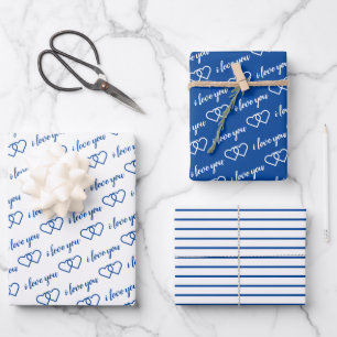I Love You Valentine Blue Hearts Stripes Wrapping Paper Sheets