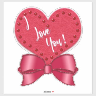I Love You Valentine Faux Satin Bow Red Heart Sticker