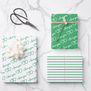 I Love You Valentine Green Hearts Stripes Wrapping Paper Sheets
