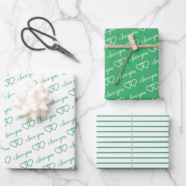 I Love You Valentine Green Hearts Stripes Wrapping Paper Sheets (Front)