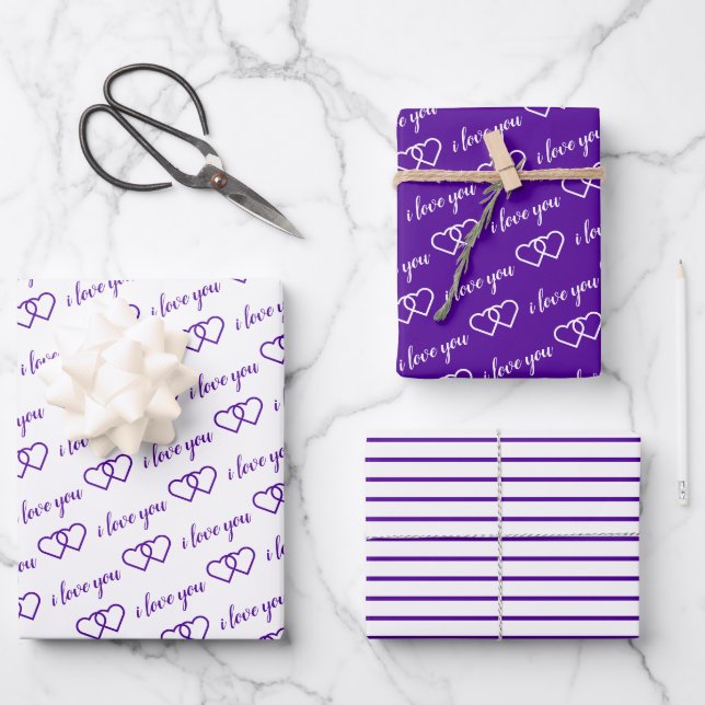 I Love You Valentine Purple Hearts Stripes Wrapping Paper Sheets (Front)