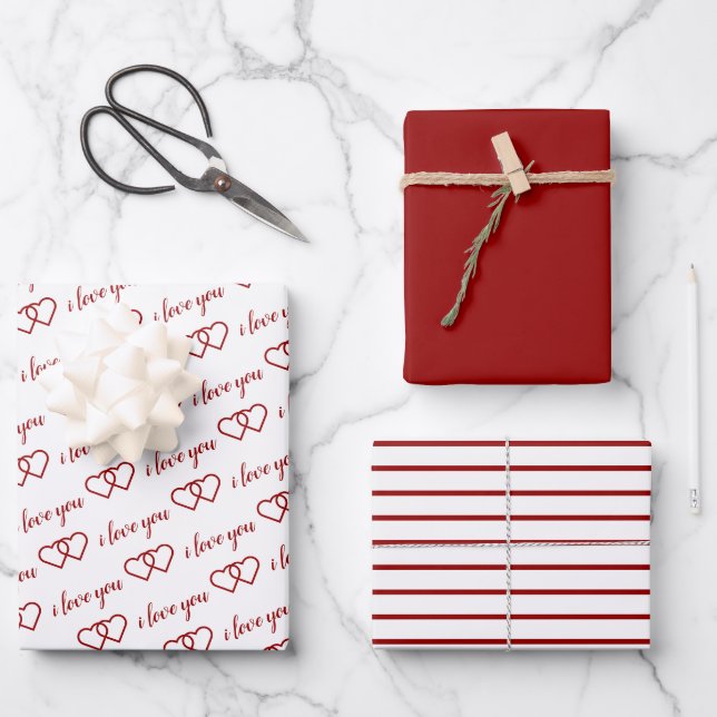 I Love You Valentine Red Hearts Stripes Wrapping Paper Sheets (Front)