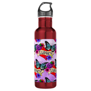 I Love You   Valentine's Day Heart and Rose    Stainless Steel Water Bottle