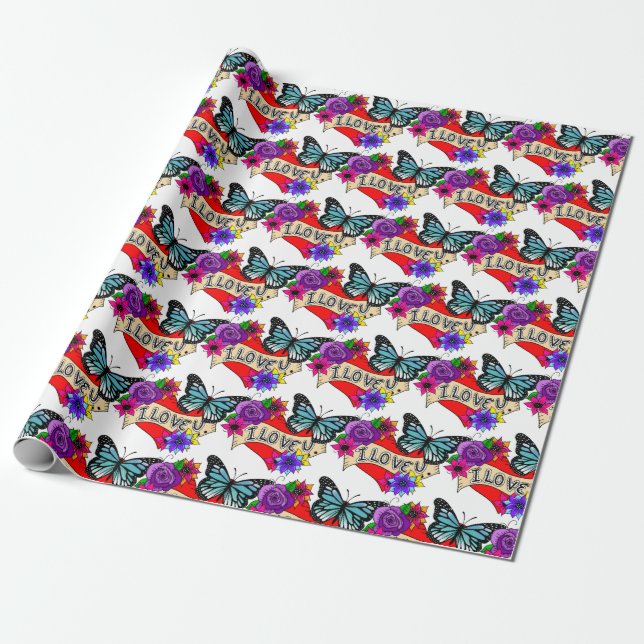 I Love You | Valentine's Day Heart and Rose  Wrapping Paper (Unrolled)
